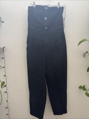 H&M Black Strapless Denim Jumpsuit Wide Leg Rhinestone Buttons Size S